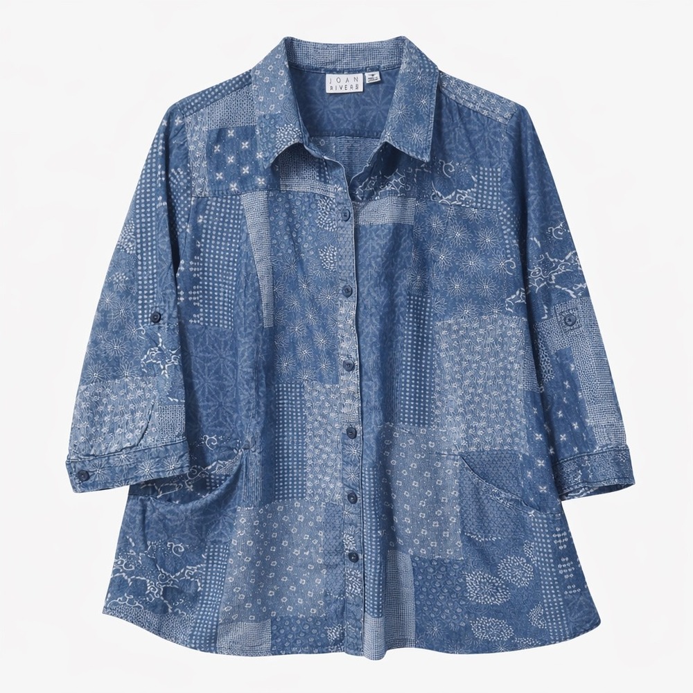 Joan Rivers Patchwork Denim Button Front Shirt Ja… - image 1